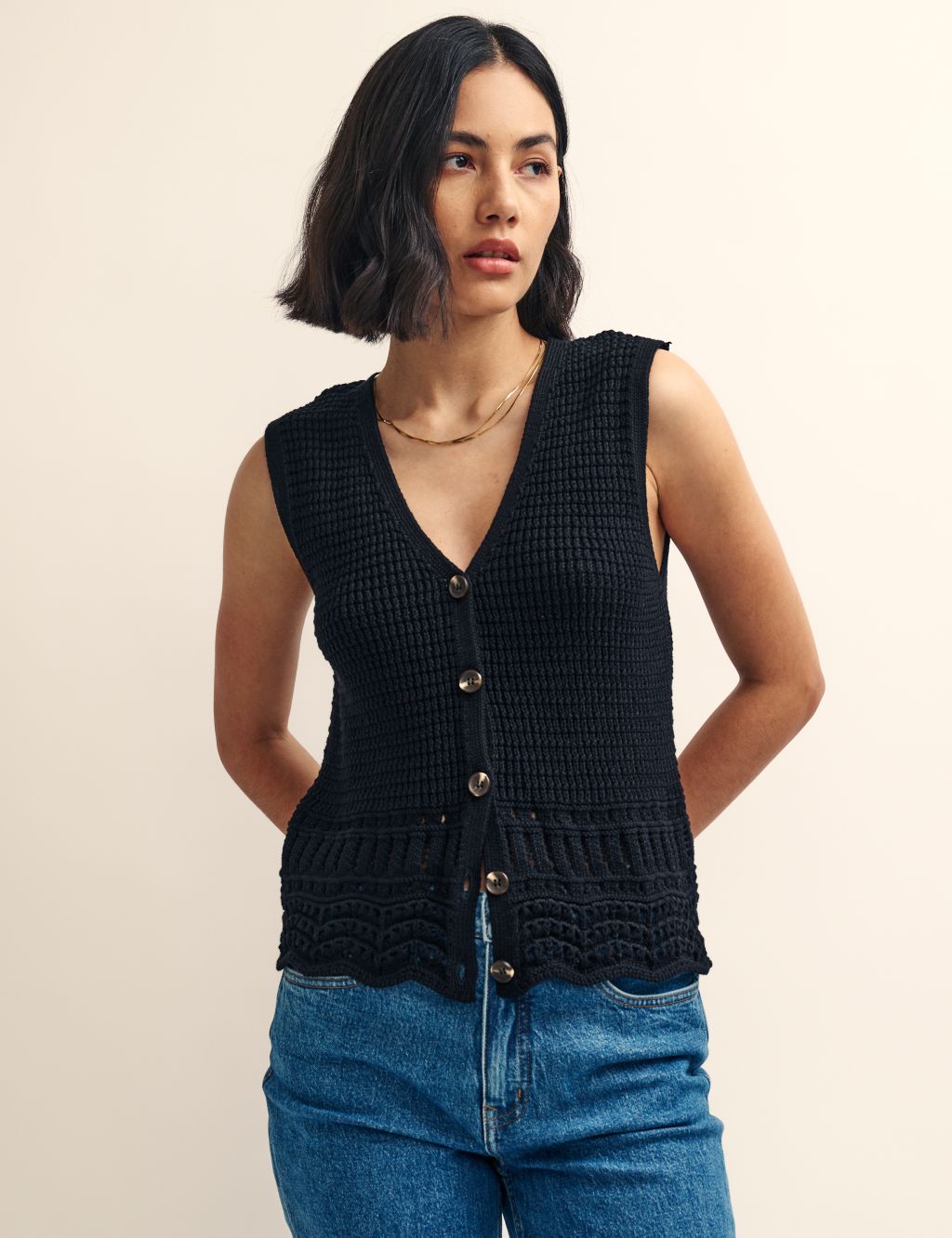 Pure Cotton Textured V-Neck Knitted Vest image 1