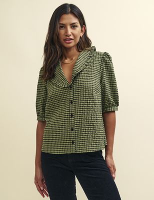 Cotton Rich Checked Collared Blouse