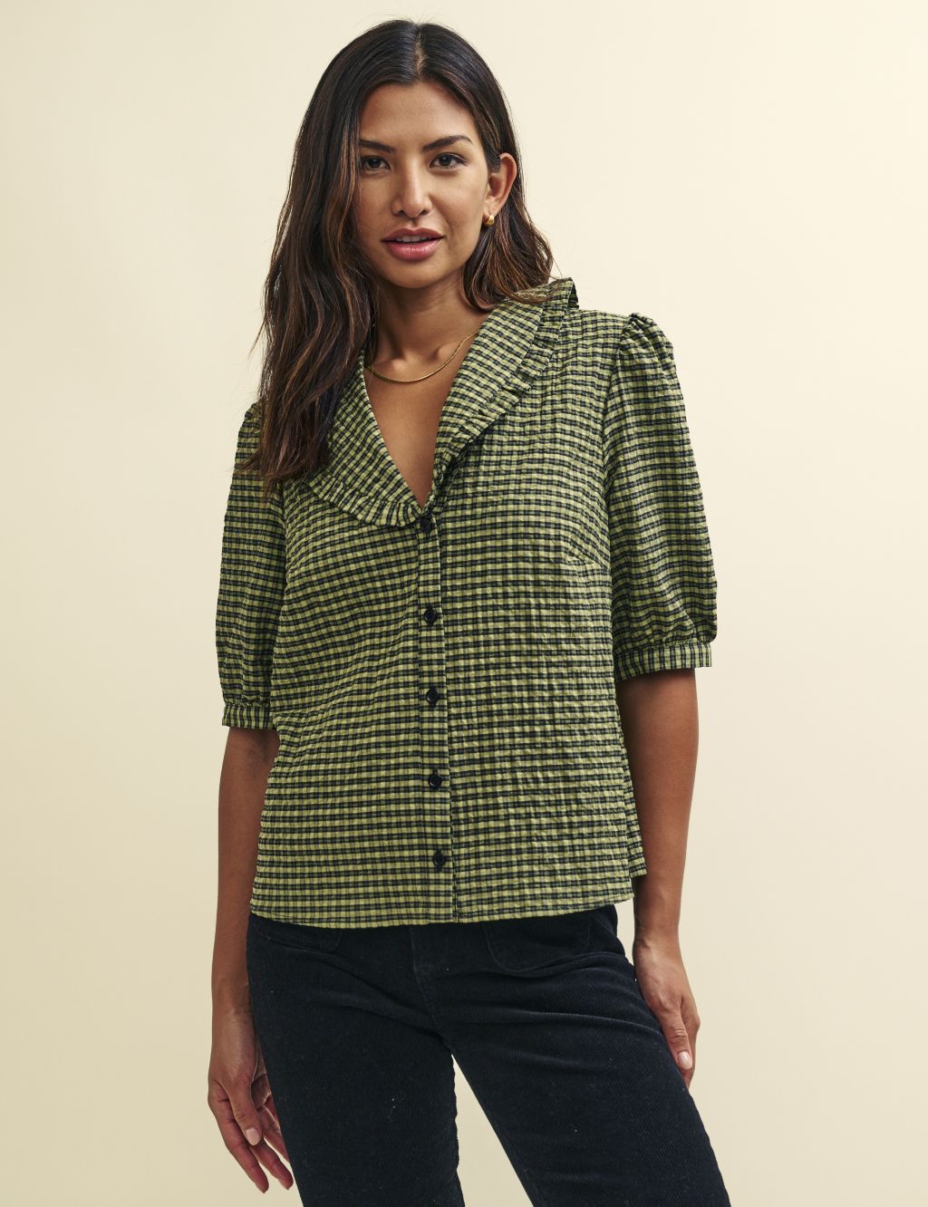 Cotton Rich Checked Collared Blouse image 1