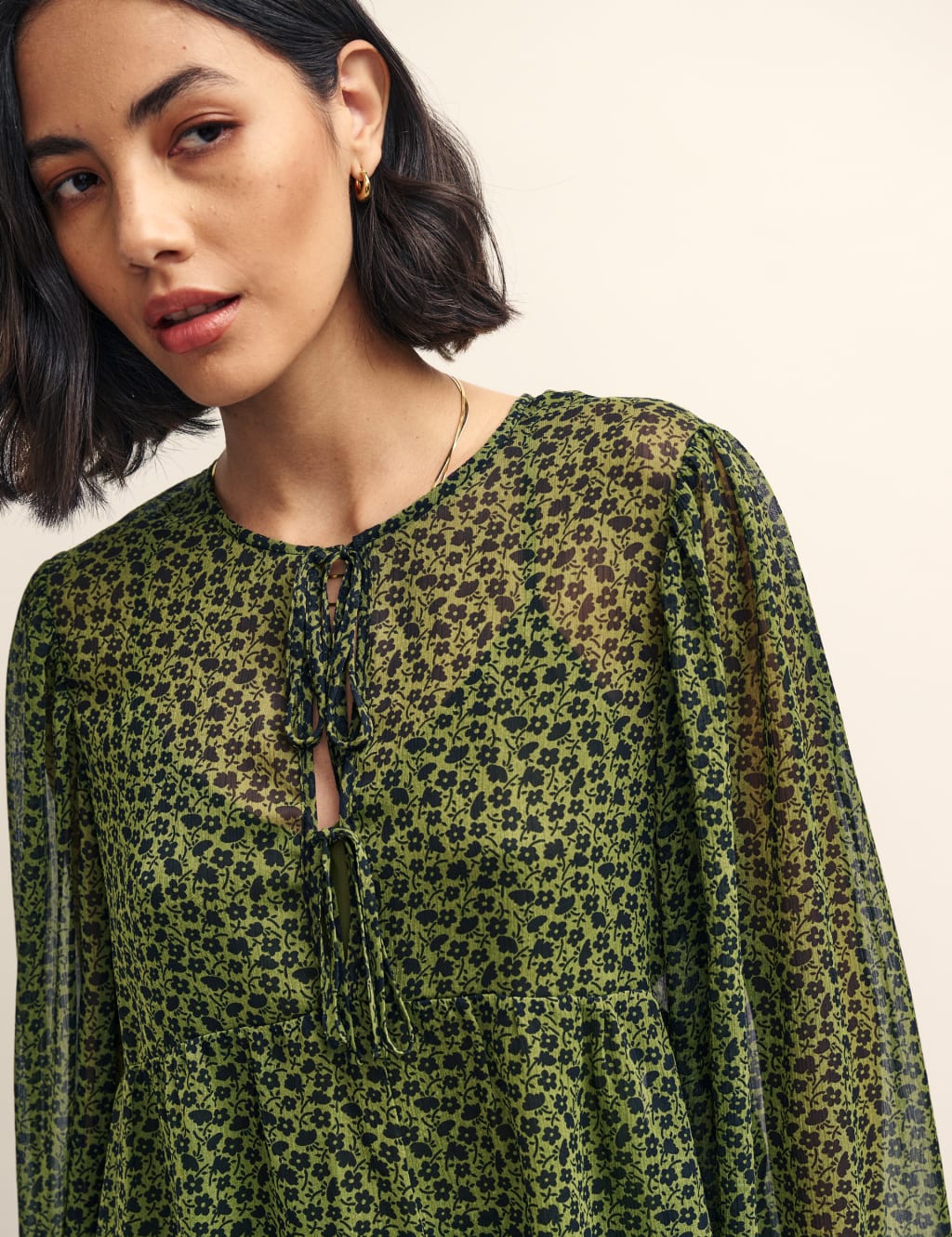 Floral Tie Front Blouson Sleeve Blouse image 4