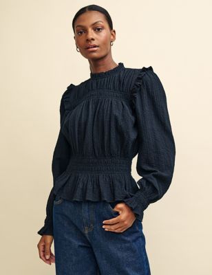 Nobody'S Child Women's Cotton Blend Textured High Neck Blouse - 12 - Black, Black