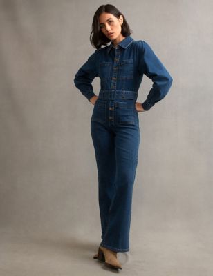 Denim Button Front Belted Waisted Jumpsuit