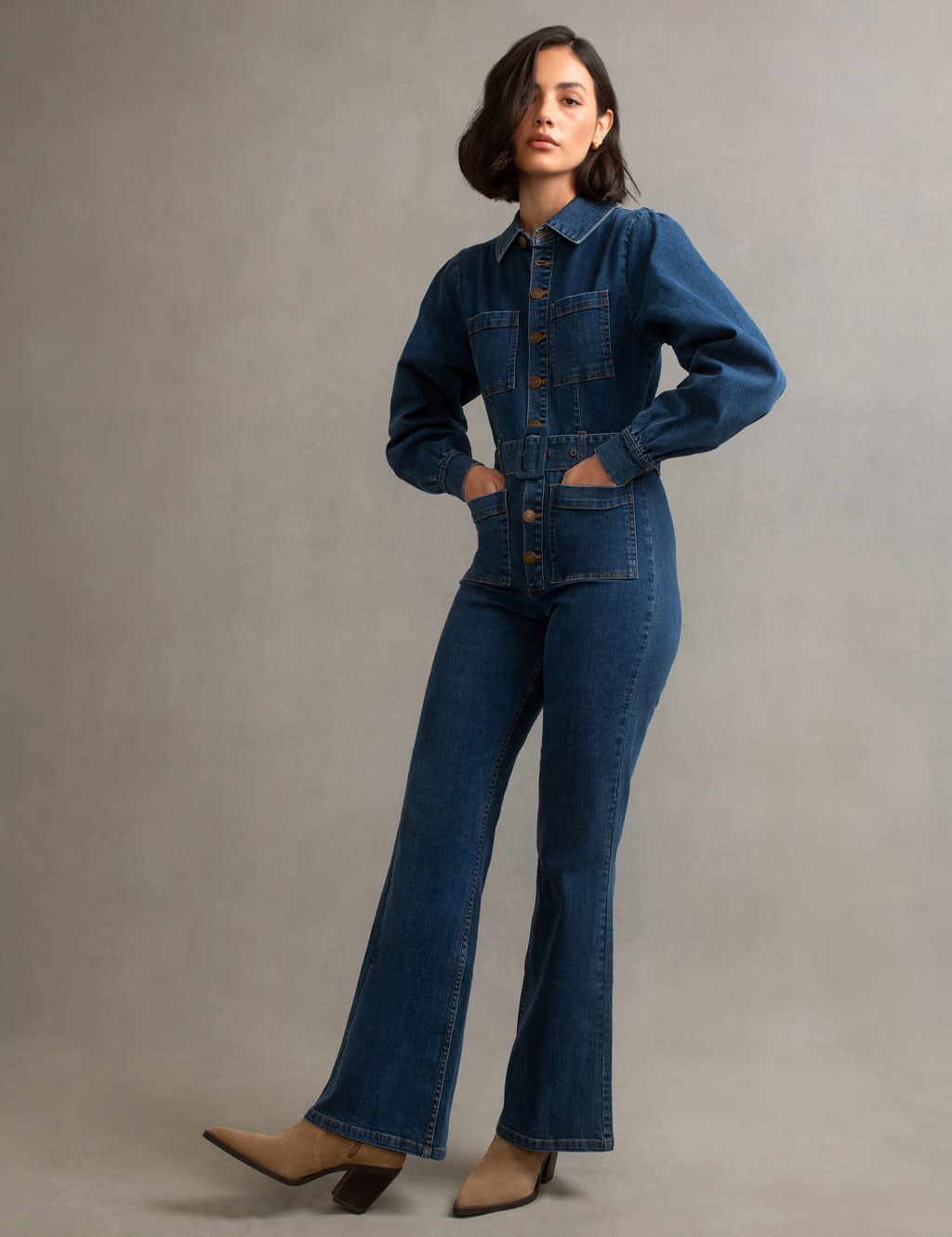 Denim Button Front Belted Waisted Jumpsuit image 2