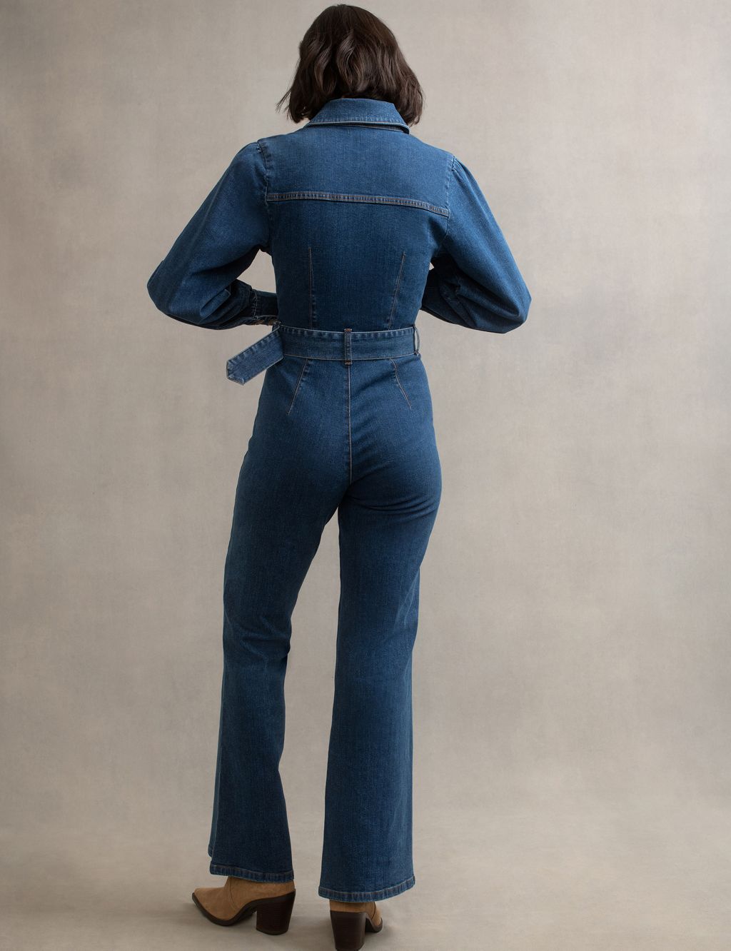 Denim Button Front Belted Waisted Jumpsuit image 3