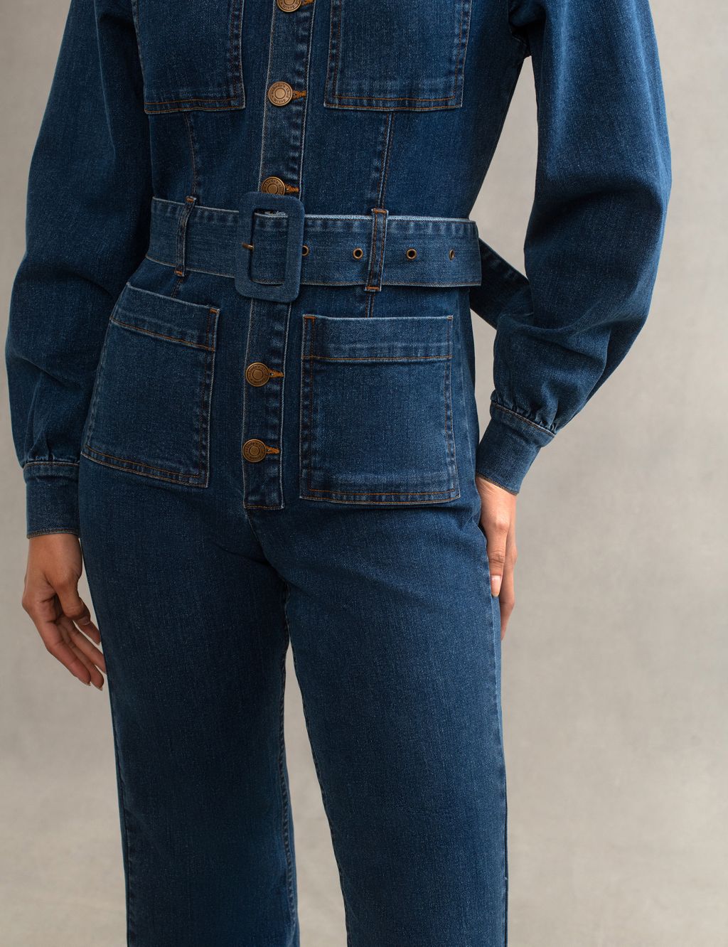 Denim Button Front Belted Waisted Jumpsuit image 5