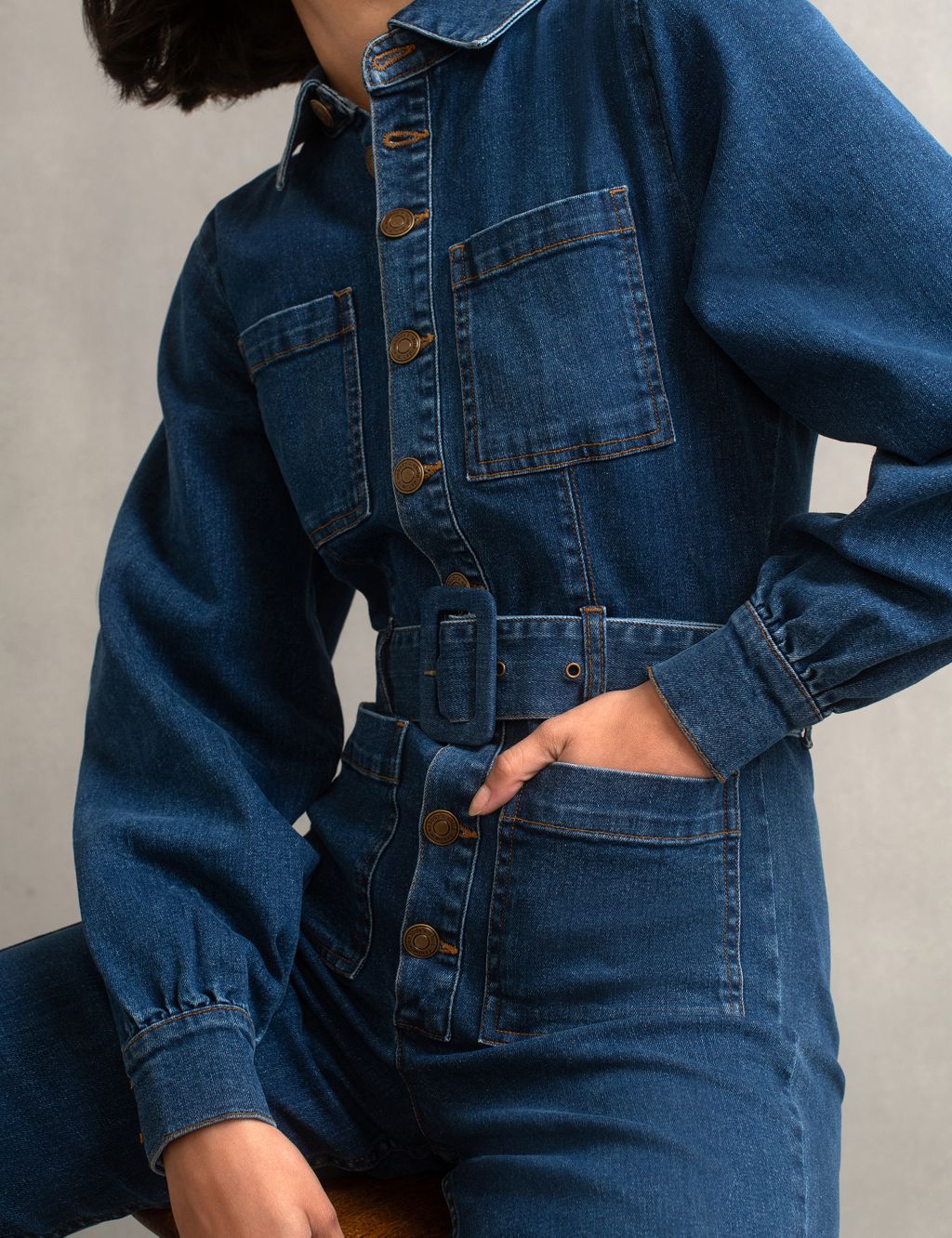 Denim Button Front Belted Waisted Jumpsuit image 6