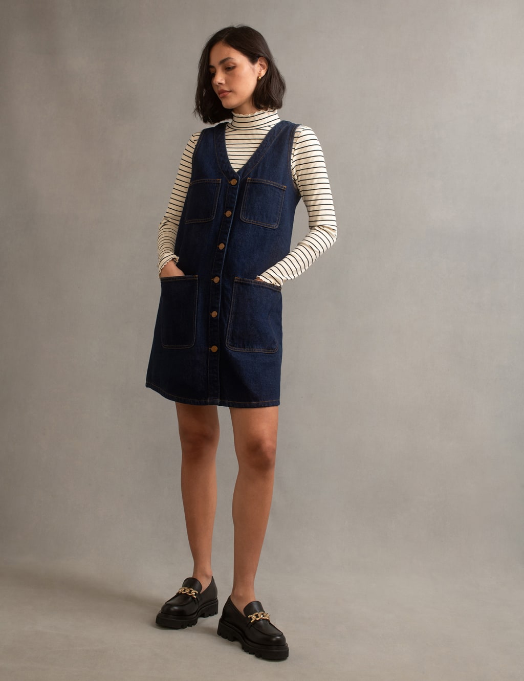 V neck denim pinafore dress clearance