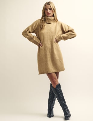 

Womens Nobody's Child Knitted Roll Neck Mini Jumper Dress - Beige, Beige