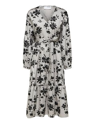 M&S Selected Femme Womens Pure Cotton Floral Midi Waisted Dress