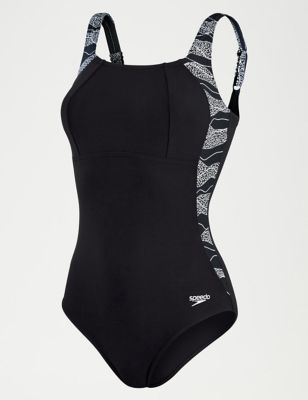 Speedo Womens Lunalustre Printed Shaping Swimsuit - 14 - Black Mix, Black Mix