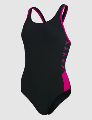 Speedo Womens Boom Logo Splice Muscleback Swimsuit - 8 - Black Mix, Black Mix