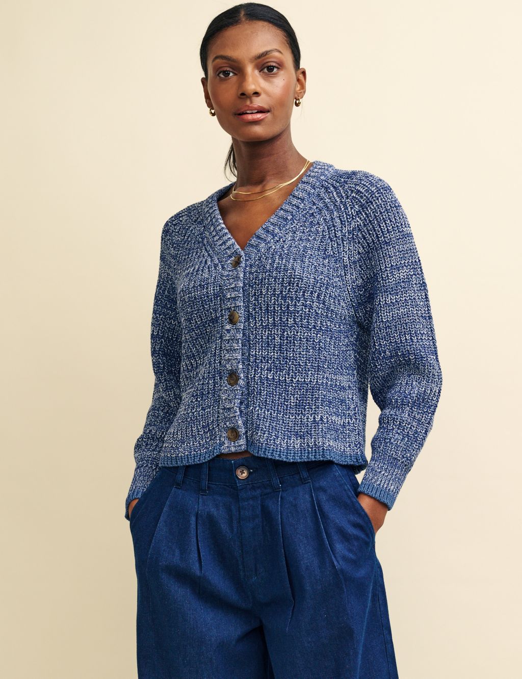 Pure Cotton Textured V-Neck Relaxed Cardigan
