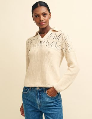 Nobody'S Child Womens Pure Cotton Crochet Collared Relaxed Jumper - Cream, Cream