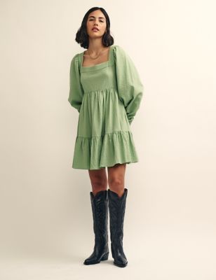 Nobody'S Child Womens Cotton Blend Textured Square Neck Mini Dress - 10 - Sage, Sage