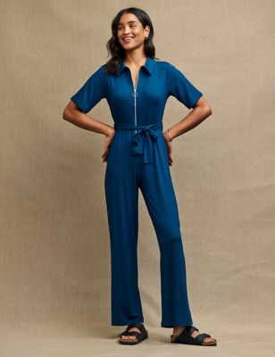 

Womens Nobody's Child Ribbed Belted Short Sleeve Jumpsuit - Blue, Blue