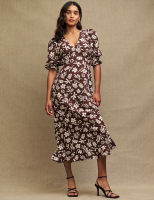 Cotton Rich Floral V-Neck Midaxi Tea Dress