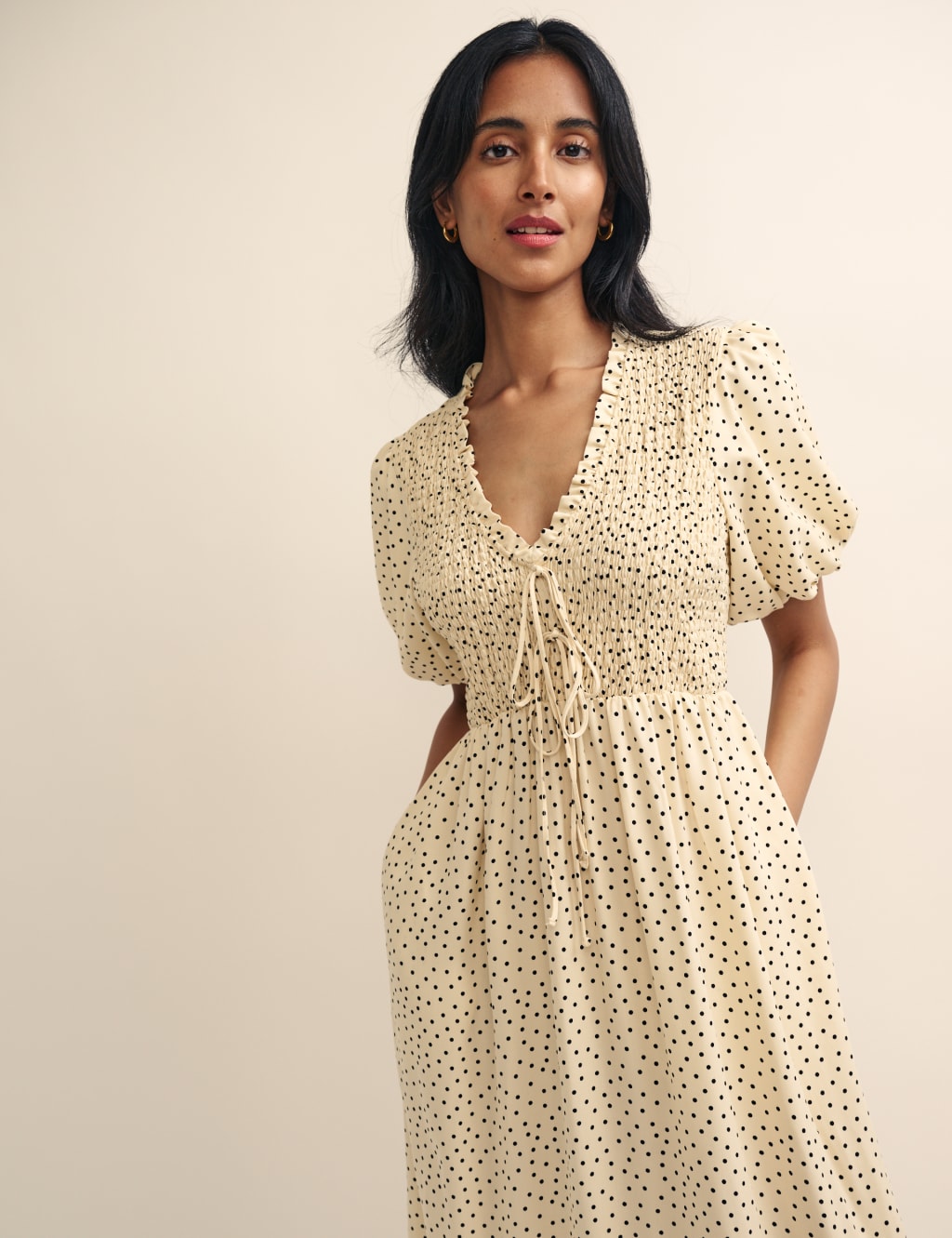 Polka Dot V-Neck Midi Waisted Dress image 5