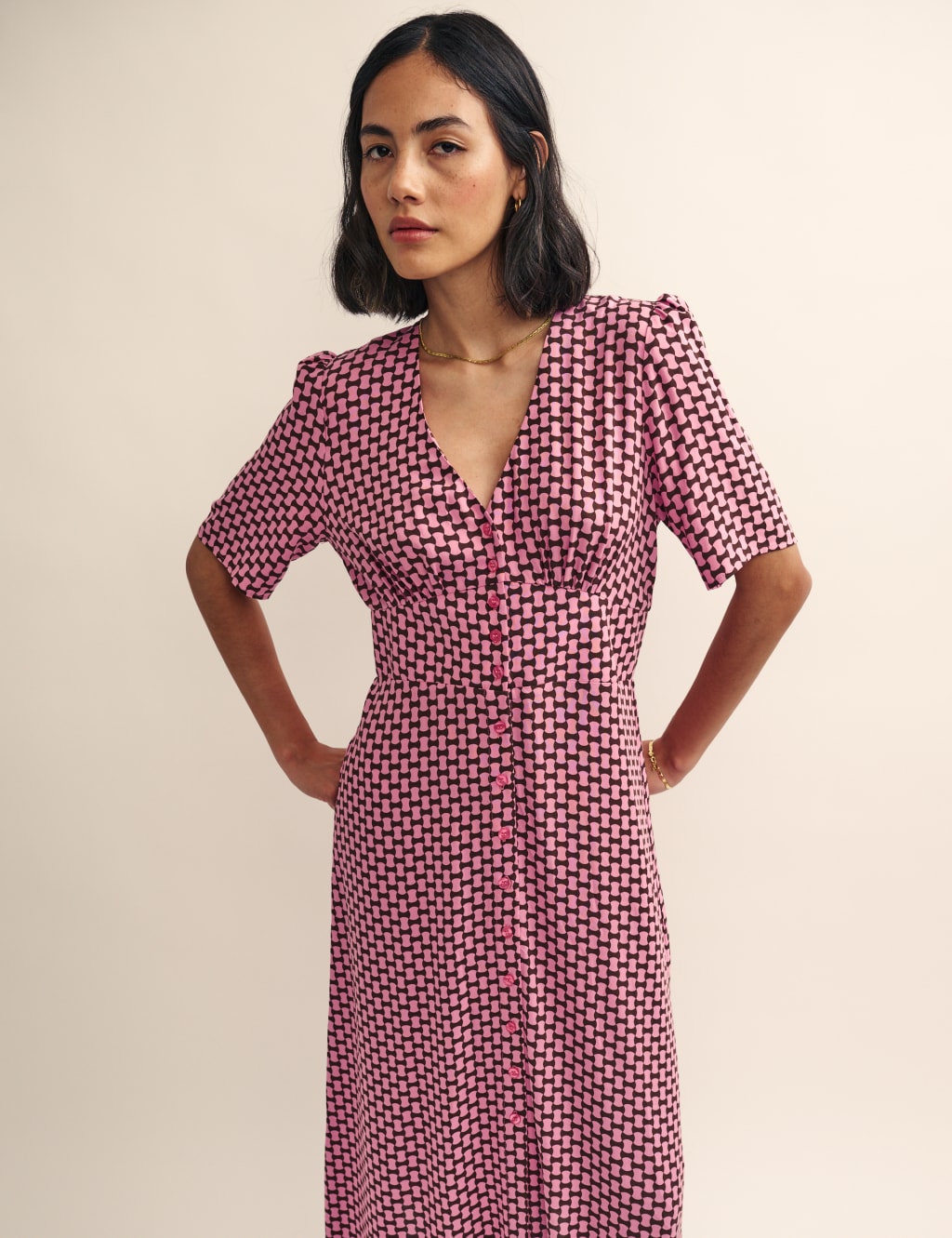 Geometric V-Neck Midi Tea Dress image 1