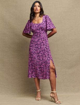 Nobody'S Child Womens Floral Angel Sleeve Midi Tea Dress - 8 - Purple Mix, Purple Mix