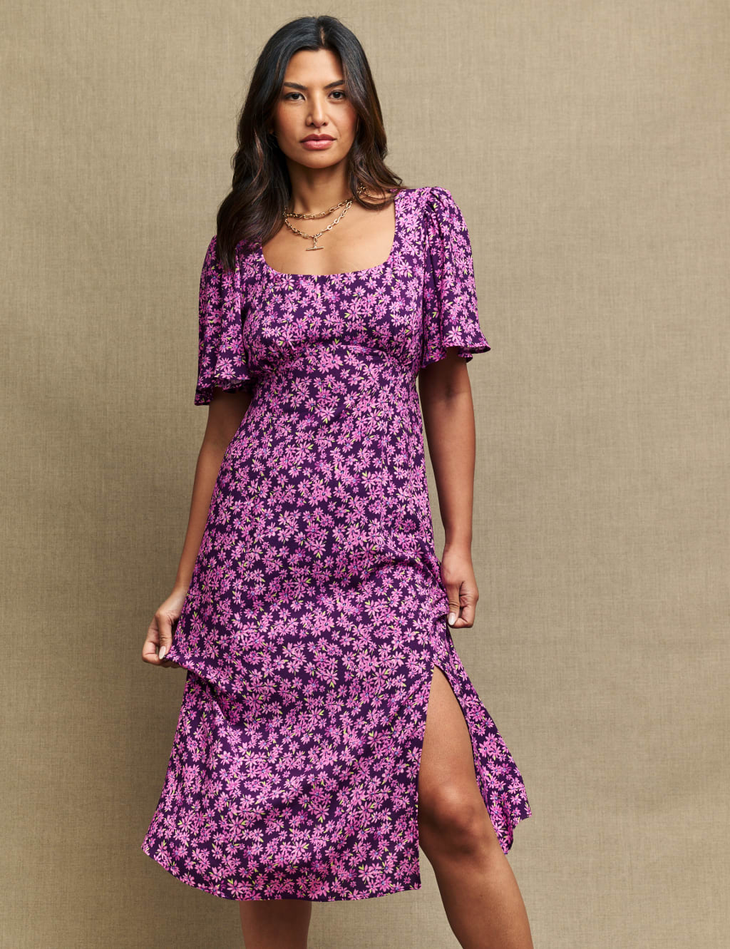 Floral Angel Sleeve Midi Tea Dress image 2