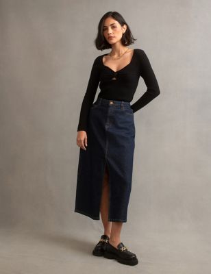 Denim Split Front Midi Column Skirt