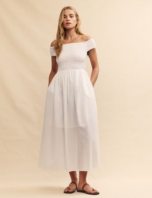 Nobody'S Child Womens Cotton Rich Bardot Shirred Midaxi Dress - 8 - Cream, Cream