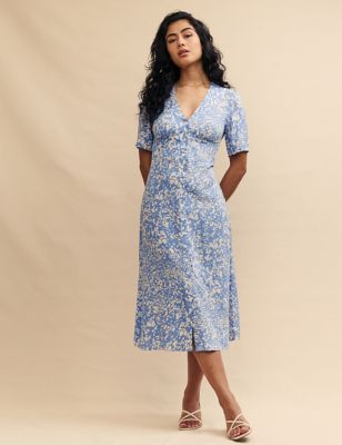 Nobody'S Child Womens Printed V-Neck Midi Tea Dress - 10 - Blue Mix, Blue Mix