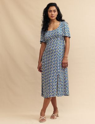 Nobody'S Child Women's Geometric Scoop Neck Midi Tea Dress - 10 - Blue Mix, Blue Mix
