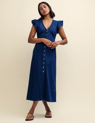 Nobody'S Child Women's Pure Cotton Denim Button Front Midi Tea Dress - 14 - Blue, Blue