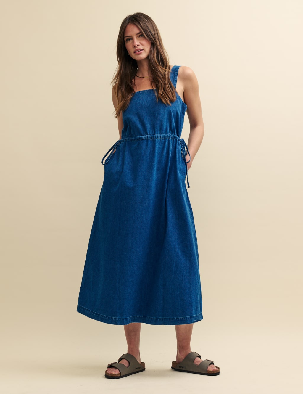 Denim Square Neck Midi Smock Dress