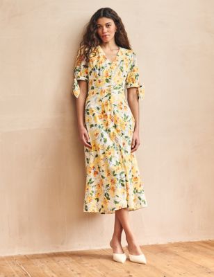 Nobody'S Child Women's Pure Cotton Floral V-Neck Midi Tea Dress - 10 - Yellow Mix, Yellow Mix