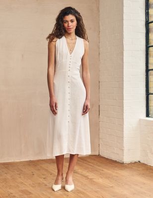 Nobody'S Child Women's Linen Rich V-Neck Midi Waisted Dress - 8REG - White, White