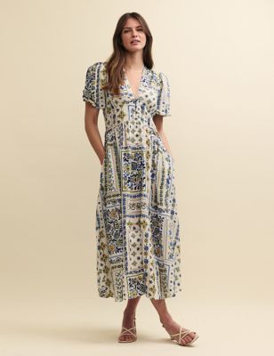 Printed V-Neck Midaxi Dress With Linen