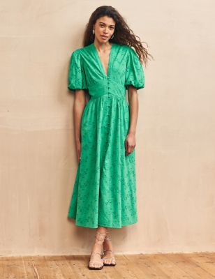 Nobody'S Child Women's Organic Cotton Broderie V-Neck Midaxi Dress - 8 - Green, Green