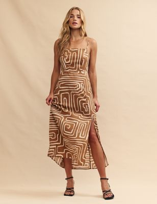 Printed Square Neck Midi Dress With Linen