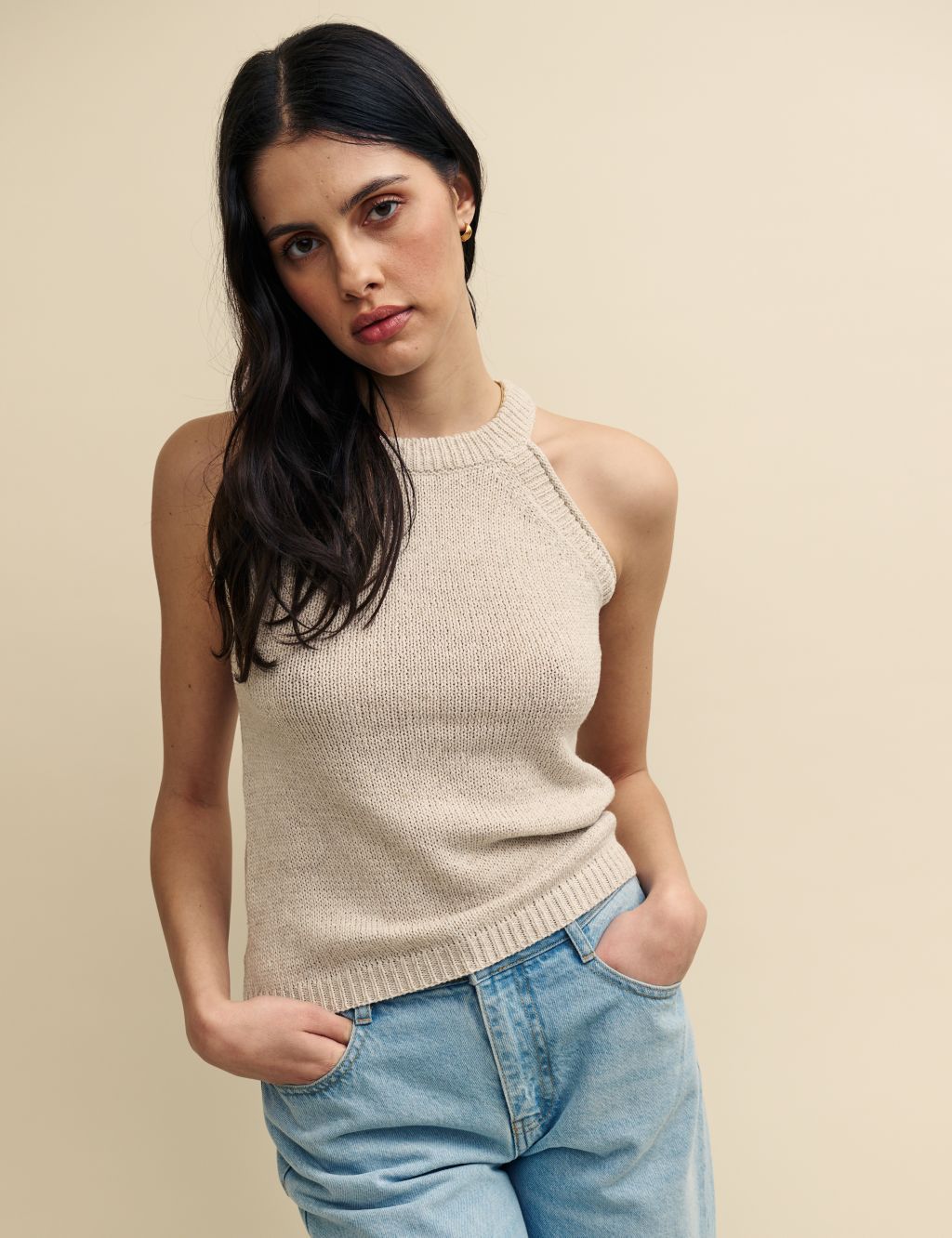 Textured Crew Neck Relaxed Knitted Vest Top