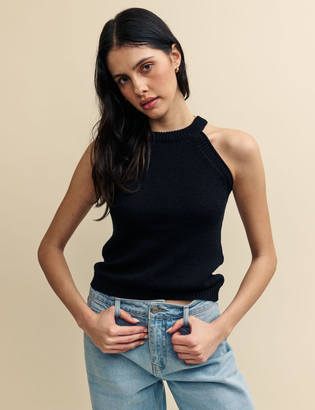 Textured Crew Neck Relaxed Knitted Vest Top