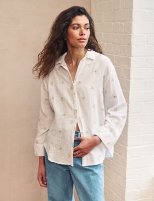 Nobody'S Child Women's Organic Cotton Embroidered Collared Shirt - 14 - White Mix, White Mix
