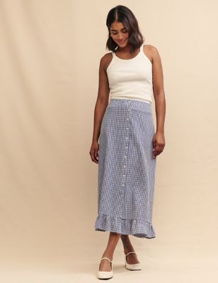 Nobody'S Child Women's Cotton Rich Checked Midaxi Column Skirt - 10 - Blue Mix, Blue Mix