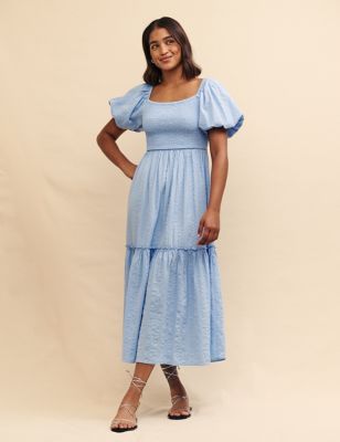 Nobody'S Child Women's Pure Cotton Square Neck Midi Tiered Dress - 10 - Blue, Blue