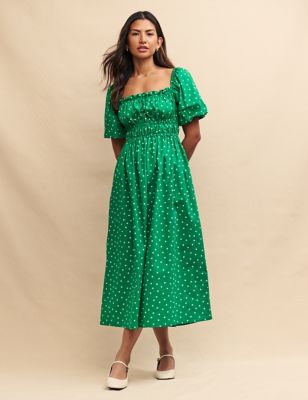 Nobody'S Child Women's Pure Cotton Polka Dot Square Neck Midi Dress - 8 - Green, Green