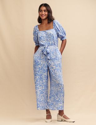 Nobody'S Child Women's Printed Tie Detail Cropped Jumpsuit - 8 - Blue Mix, Blue Mix