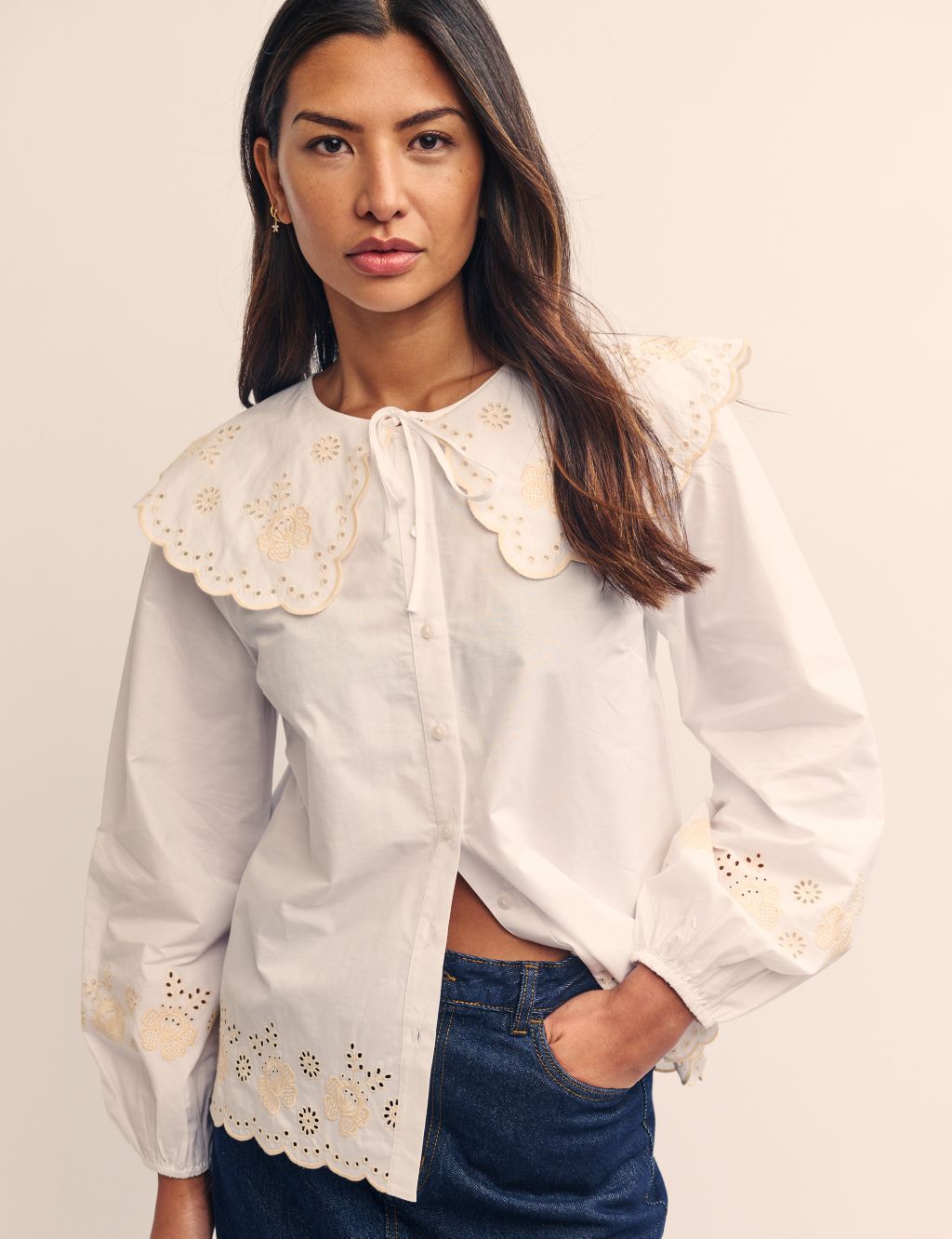 Pure Cotton Broderie Peter Pan Collar Blouse