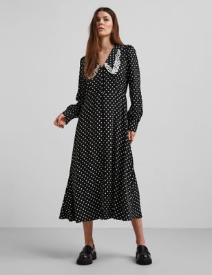 M&S Y.A.S Womens Polka Dot V-Neck Midi Tiered Dress