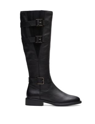 Clarks Womens Leather Buckle Block Heel Knee High Boots - 4 - Black, Black