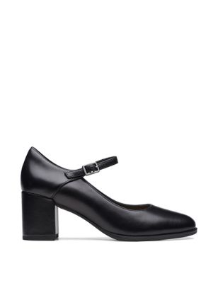 Clarks Womens Leather Buckle Block Heel Court Shoes - 5 - Black, Black
