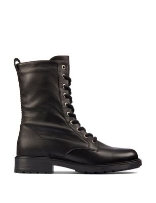 Clarks Women's Leather Lace Up Block Heel Boots - 3.5 - Black, Black