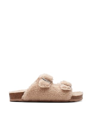 Clarks Womens Faux Shearling Buckle Slider Slippers - 7 - Oatmeal, Oatmeal