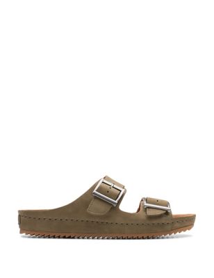 Clarks Women's Leather Buckle Sliders - 3 - Olive, Olive