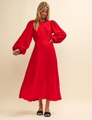 Puff Sleeve Midaxi Waisted Dress with Linen